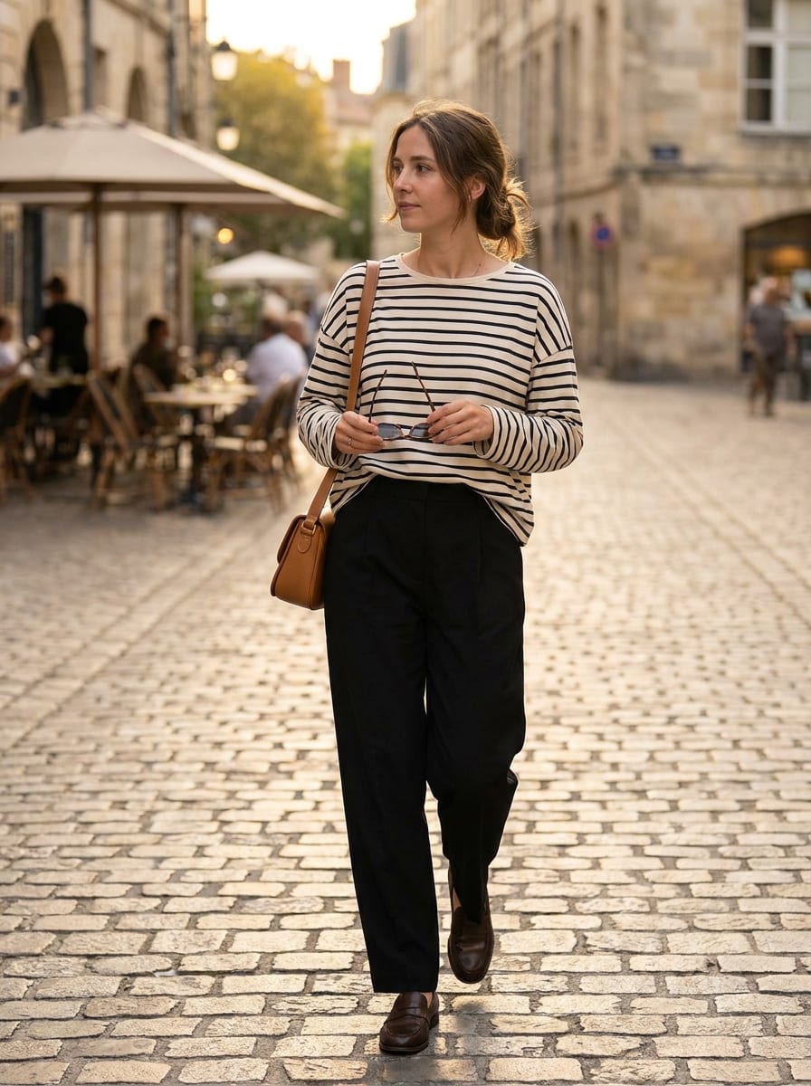Schwarze Hose mit gestreiftem Shirt - Spätsommer Outfit